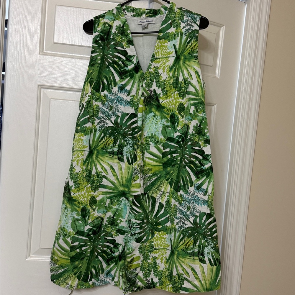 Tommy Bahama Fronderlust Leaf-Print Linen-Blend Dress w/ Pockets Women's XL